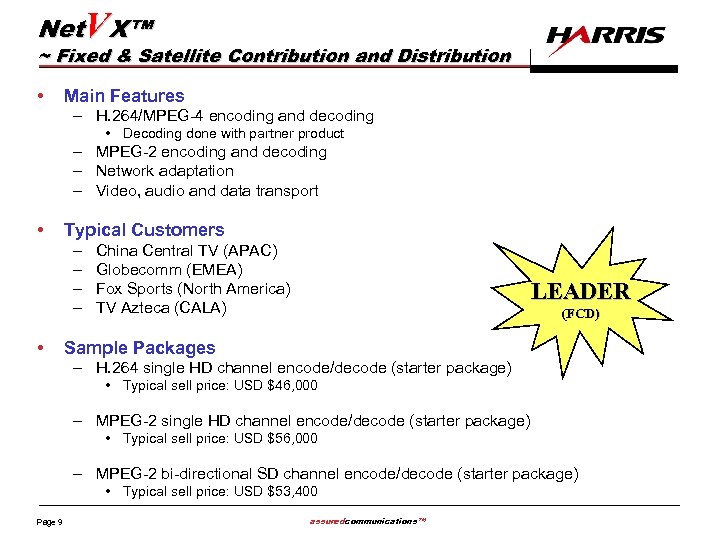 Net. VX™ ~ Fixed & Satellite Contribution and Distribution • Main Features – H.
