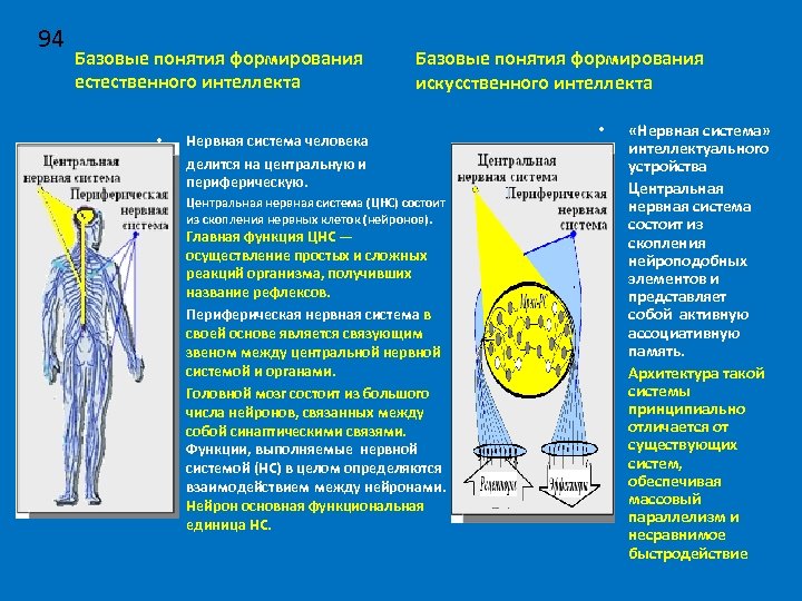 94 Базовые понятия формирования естественного интеллекта Базовые понятия формирования искусственного интеллекта • • Нервная