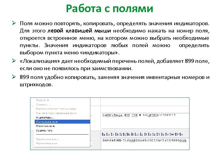 Работа с полями Ø Поля можно повторять, копировать, определять значения индикаторов. Для этого левой