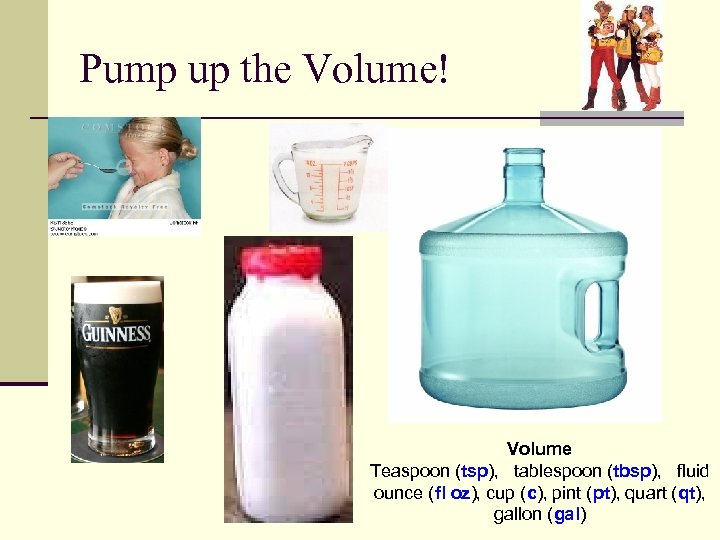 Pump up the Volume! Volume Teaspoon (tsp), tablespoon (tbsp), fluid ounce (fl oz), cup
