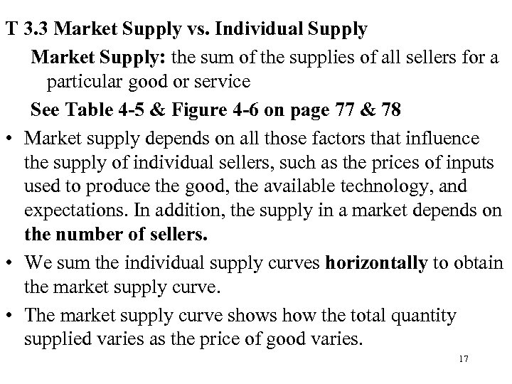 T 3. 3 Market Supply vs. Individual Supply Market Supply: the sum of the