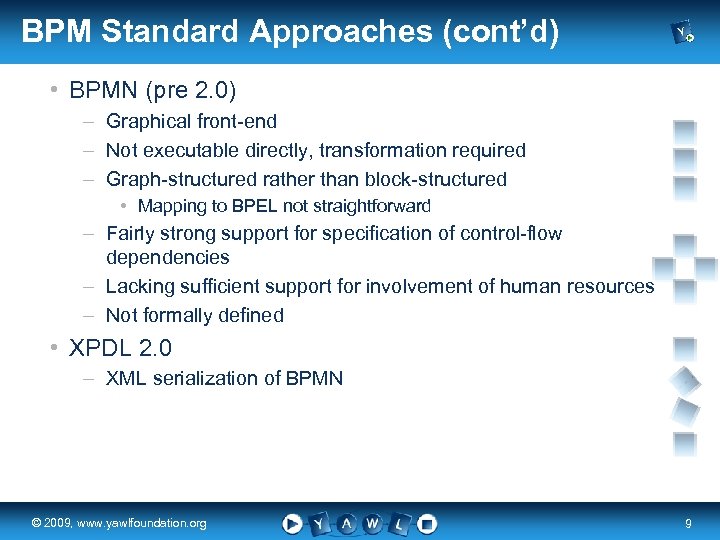 BPM Standard Approaches (cont’d) • BPMN (pre 2. 0) – Graphical front-end – Not