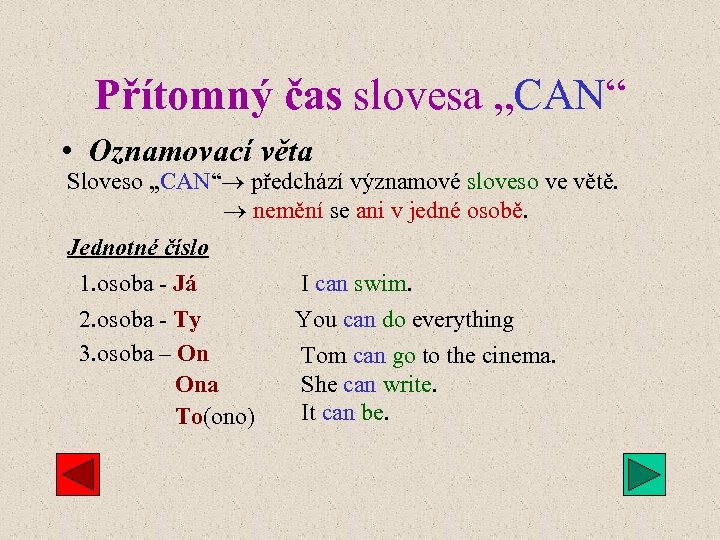 Přítomný čas slovesa „CAN“ • Oznamovací věta Sloveso „CAN“ předchází významové sloveso ve větě.