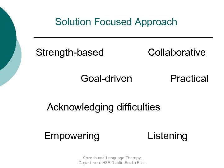 Solution Focused Approach Strength-based Collaborative Goal-driven Practical Acknowledging difficulties Empowering Speech and Language Therapy