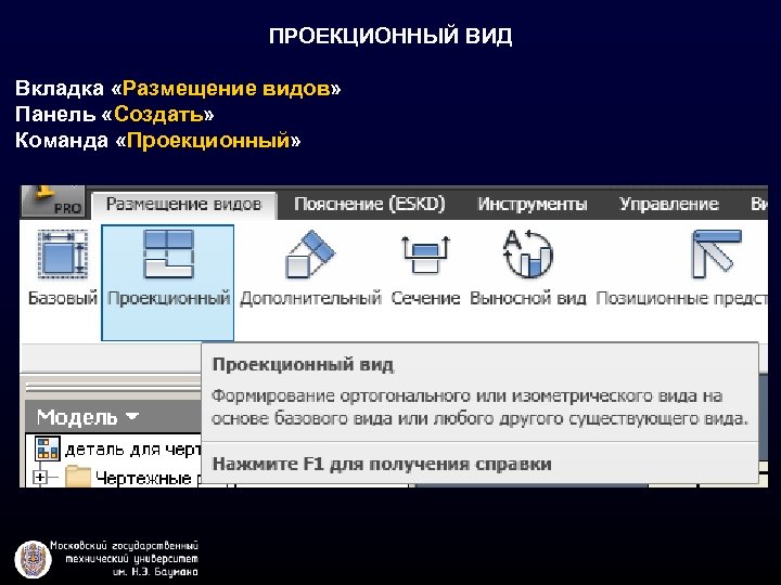 ПРОЕКЦИОННЫЙ ВИД Вкладка «Размещение видов» Панель «Создать» Команда «Проекционный» 