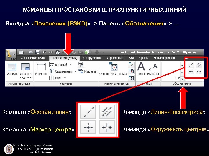 КОМАНДЫ ПРОСТАНОВКИ ШТРИХПУНКТИРНЫХ ЛИНИЙ Вкладка «Пояснения (ESKD)» > Панель «Обозначения» > … Команда «Осевая