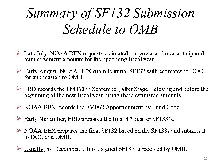 Summary of SF 132 Submission Schedule to OMB Ø Late July, NOAA BEX requests