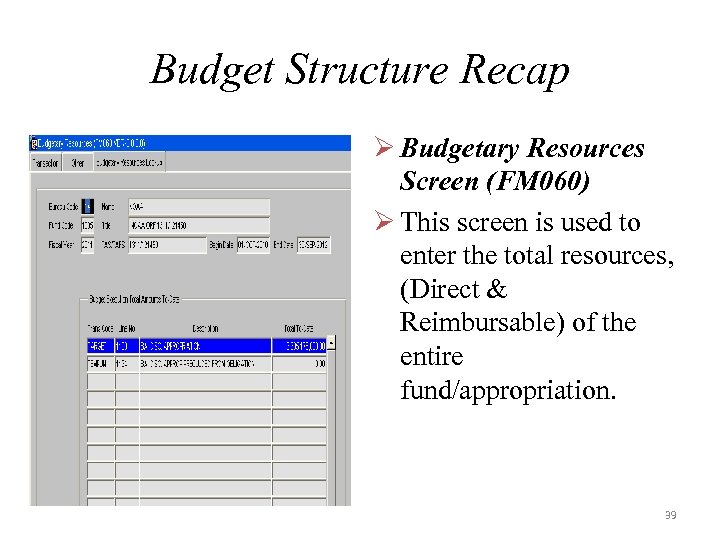 Budget Structure Recap Ø Budgetary Resources Screen (FM 060) Ø This screen is used