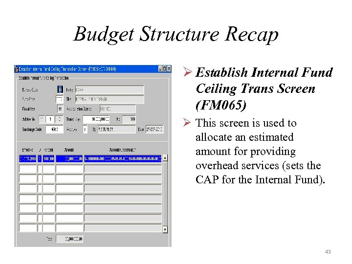 Budget Structure Recap Ø Establish Internal Fund Ceiling Trans Screen (FM 065) Ø This