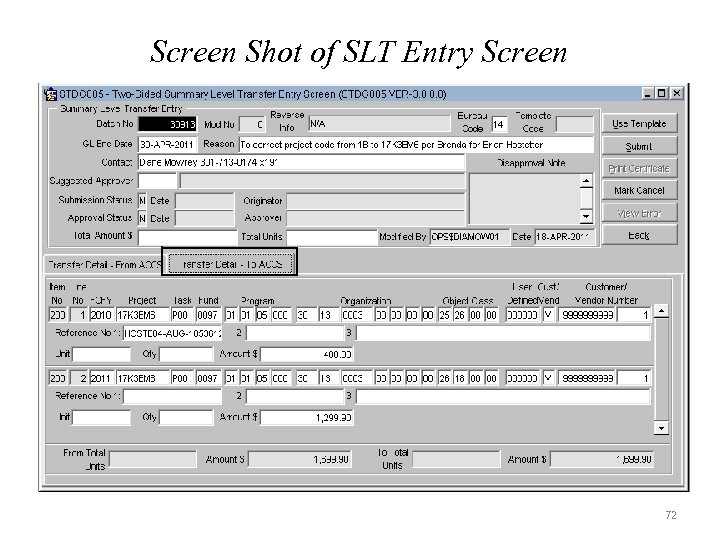 Screen Shot of SLT Entry Screen 72 