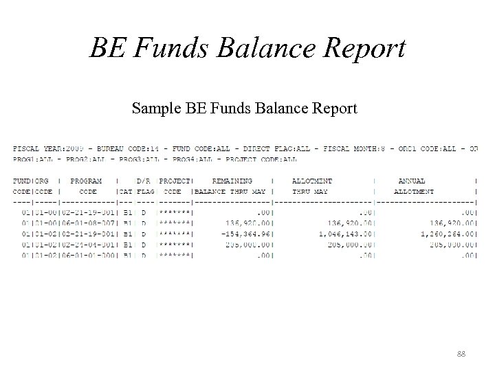 BE Funds Balance Report Sample BE Funds Balance Report 88 