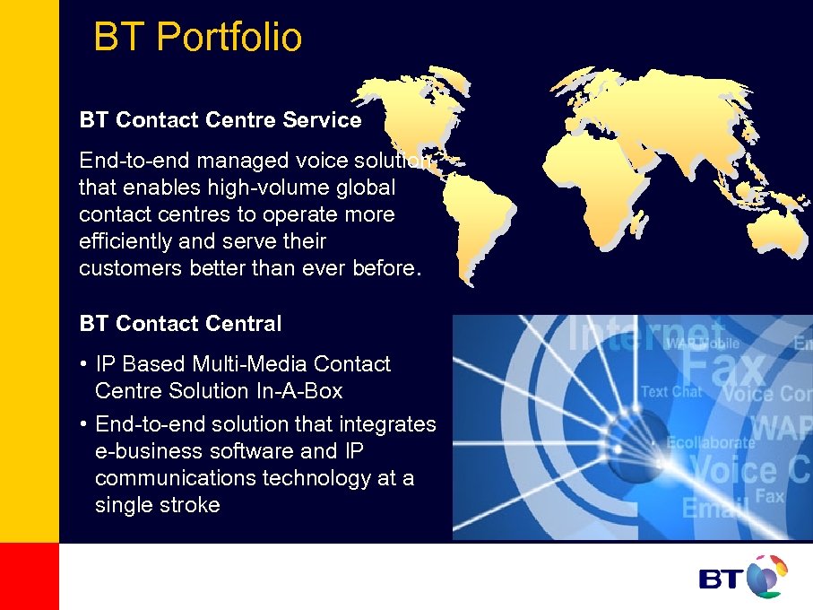BT Portfolio BT Contact Centre Service End-to-end managed voice solution that enables high-volume global