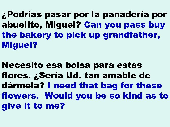 ¿Podrías pasar por la panadería por abuelito, Miguel? Can you pass buy the bakery