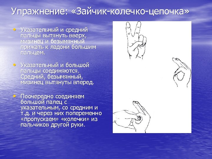Упражнение: «Зайчик-колечко-цепочка» • Указательный и средний пальцы вытянуть вверх, мизинец и безымянный прижать к
