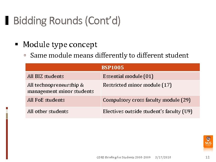 Bidding Rounds (Cont’d) Module type concept Same module means differently to different student BSP
