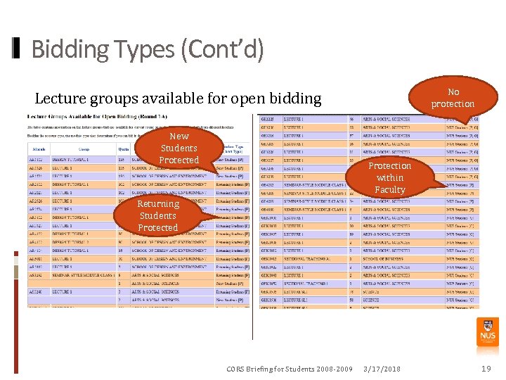 Bidding Types (Cont’d) No protection Lecture groups available for open bidding New Students Protected