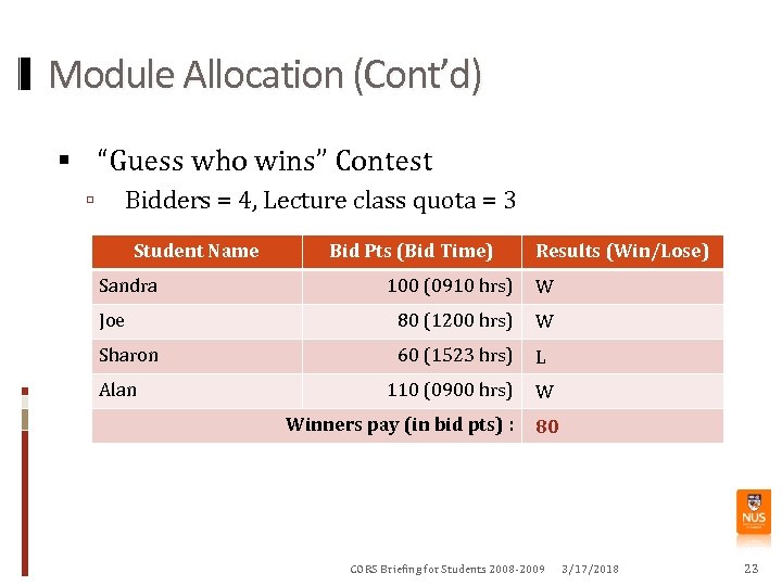 Module Allocation (Cont’d) “Guess who wins” Contest Bidders = 4, Lecture class quota =
