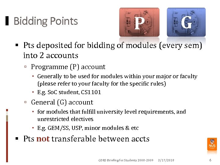 G P Bidding Points Pts deposited for bidding of modules (every sem) into 2