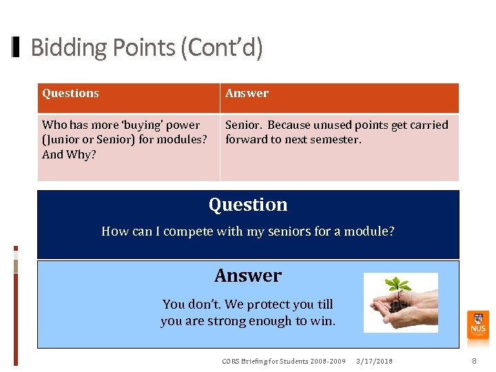 Bidding Points (Cont’d) Questions Answer Who has more ‘buying’ power (Junior or Senior) for
