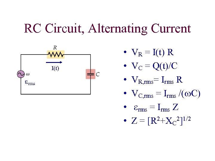 RC Circuit, Alternating Current I(t) erms • • • VR = I(t) R VC