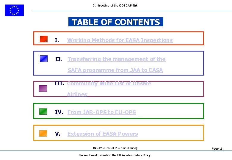 7 th Meeting of the COSCAP-NA TABLE OF CONTENTS I. Working Methods for EASA