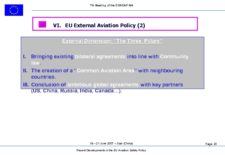7 th Meeting of the COSCAP-NA VI. EU External Aviation Policy (2) External Dimension: