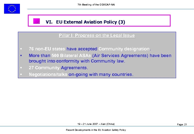 7 th Meeting of the COSCAP-NA VI. EU External Aviation Policy (3) Pillar I: