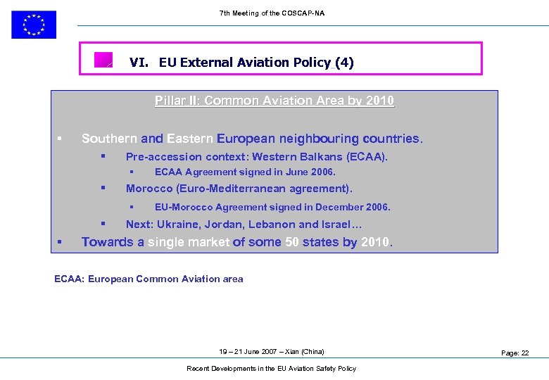 7 th Meeting of the COSCAP-NA VI. EU External Aviation Policy (4) Pillar II: