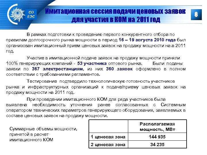 СО ЕЭС Имитационная сессия подачи ценовых заявок для участия в КОМ на 2011 год