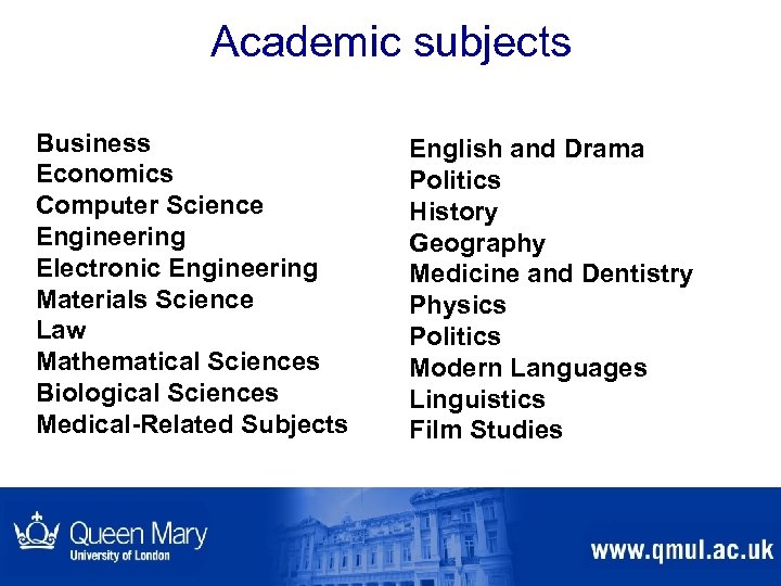 Academic subjects Business Economics Computer Science Engineering Electronic Engineering Materials Science Law Mathematical Sciences