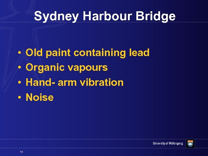 Sydney Harbour Bridge • • 14 Old paint containing lead Organic vapours Hand- arm
