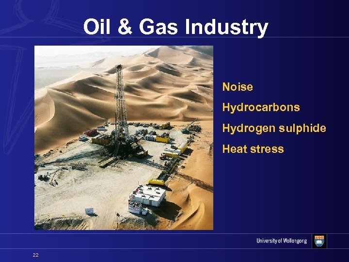 Oil & Gas Industry Noise Hydrocarbons Hydrogen sulphide Heat stress 22 