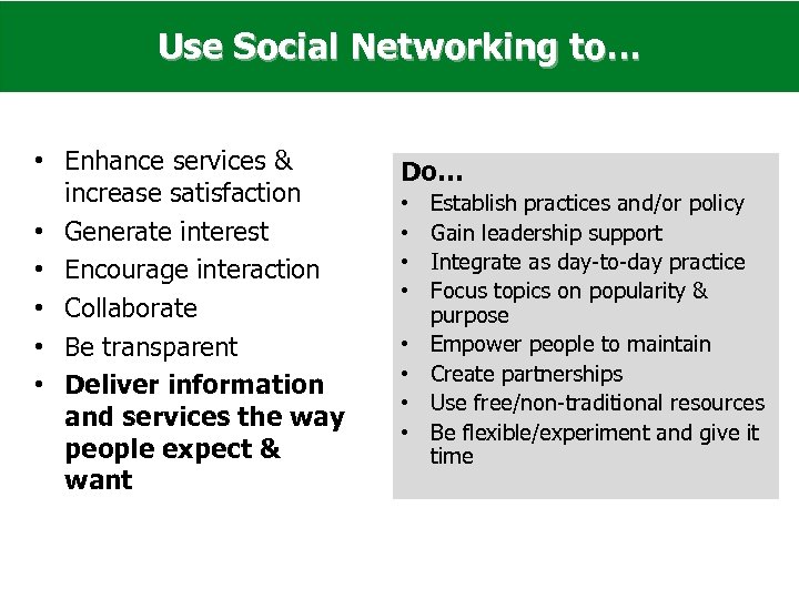 Use Social Networking to… • Enhance services & increase satisfaction • Generate interest •