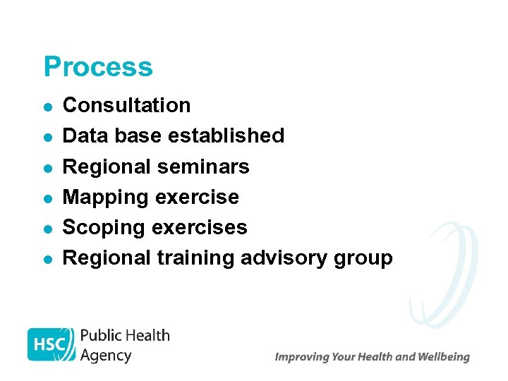 Process l l l Consultation Data base established Regional seminars Mapping exercise Scoping exercises