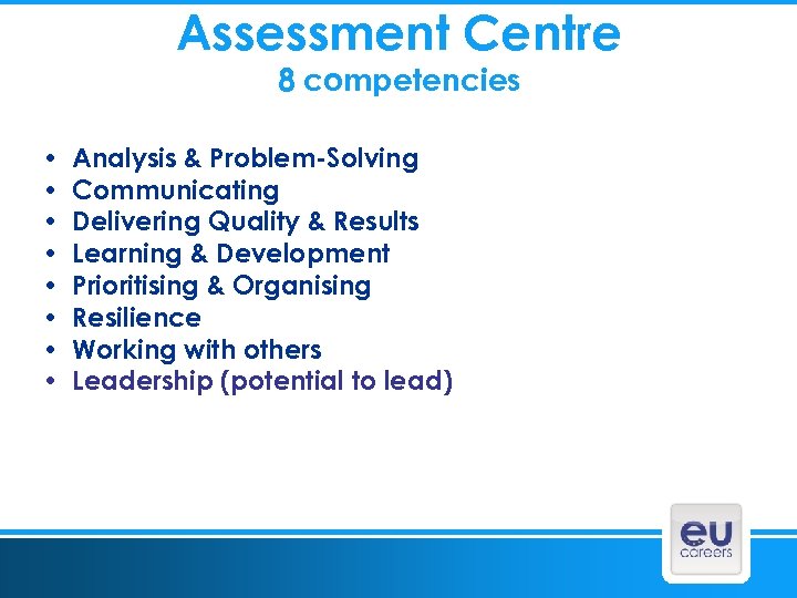 Assessment Centre 8 competencies • • Analysis & Problem-Solving Communicating Delivering Quality & Results