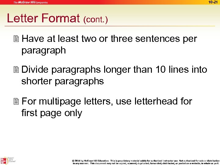 10 -21 Letter Format (cont. ) Have at least two or three sentences per