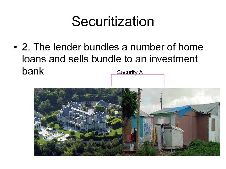 Securitization • 2. The lender bundles a number of home loans and sells bundle