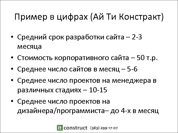 Пример в цифрах (Ай Ти Констракт) • Средний срок разработки сайта – 2 -3