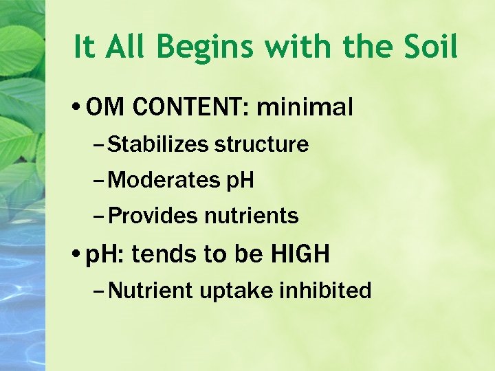 It All Begins with the Soil • OM CONTENT: minimal – Stabilizes structure –