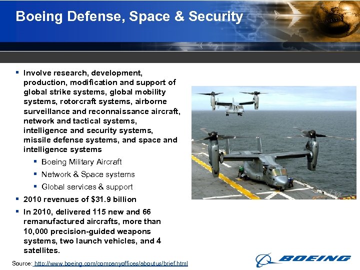 Boeing Defense, Space & Security § Involve research, development, production, modification and support of