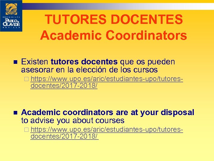 TUTORES DOCENTES Academic Coordinators n Existen tutores docentes que os pueden asesorar en la