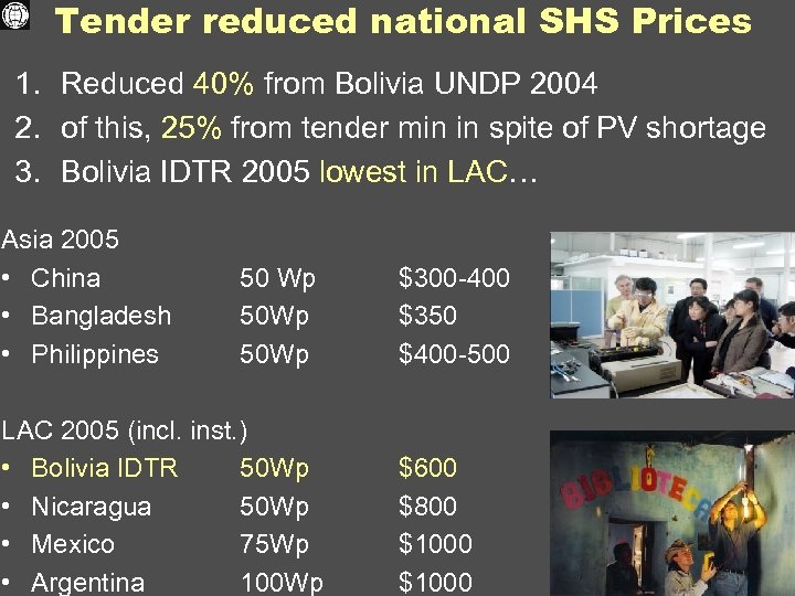 Tender reduced national SHS Prices 1. Reduced 40% from Bolivia UNDP 2004 2. of