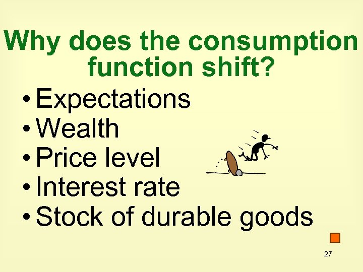 Why does the consumption function shift? • Expectations • Wealth • Price level •