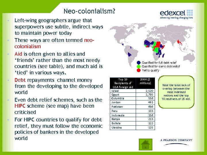 Neo-colonialism? • Left-wing geographers argue that superpowers use subtle, indirect ways to maintain power