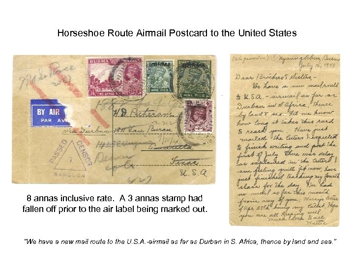 Horseshoe Route Airmail Postcard to the United States 8 annas inclusive rate. A 3