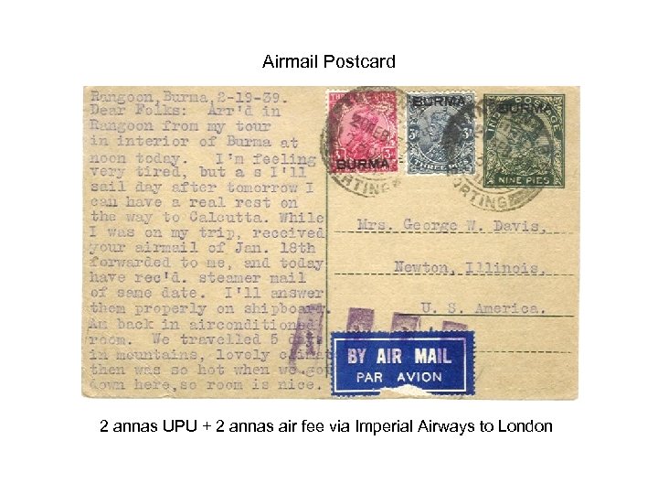 Airmail Postcard 2 annas UPU + 2 annas air fee via Imperial Airways to