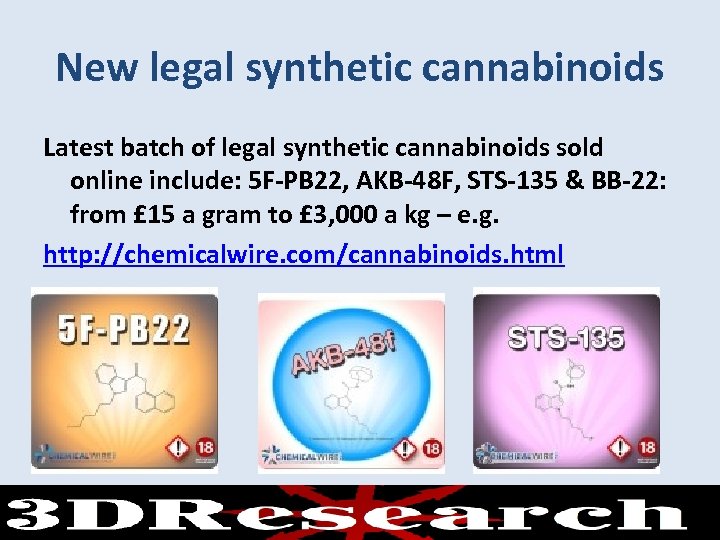 New legal synthetic cannabinoids Latest batch of legal synthetic cannabinoids sold online include: 5