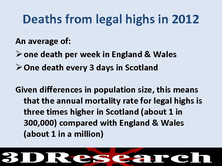 Deaths from legal highs in 2012 An average of: Ø one death per week