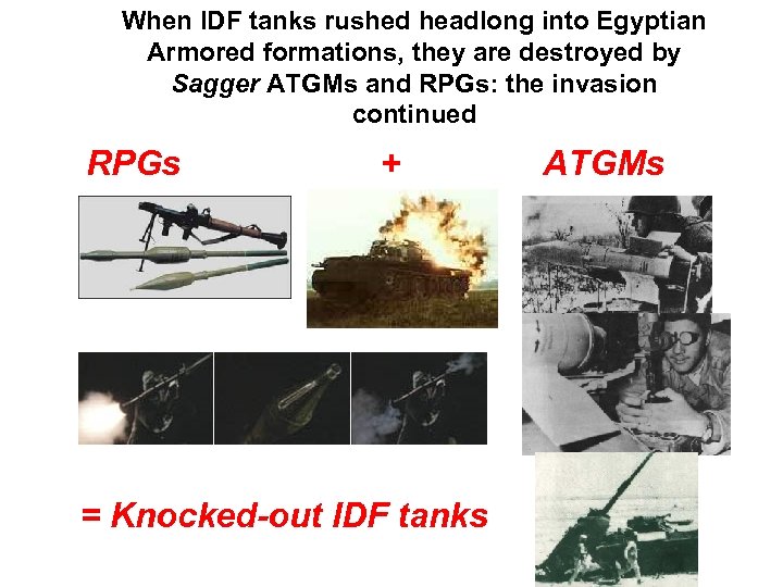 When IDF tanks rushed headlong into Egyptian Armored formations, they are destroyed by Sagger