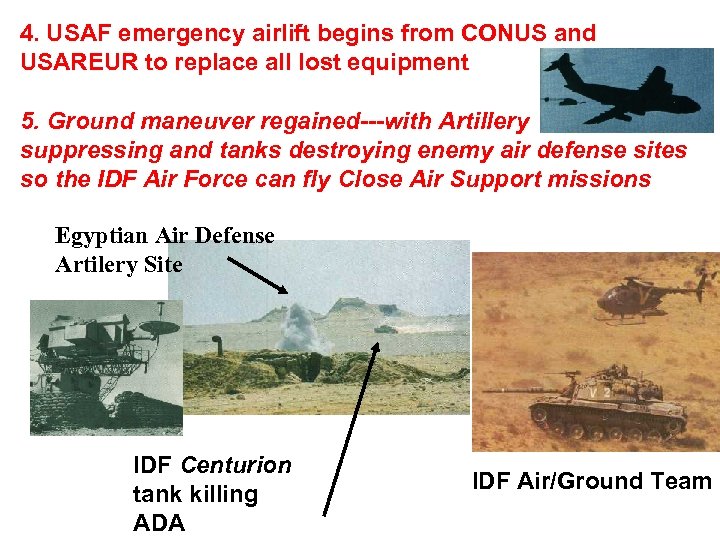 4. USAF emergency airlift begins from CONUS and USAREUR to replace all lost equipment